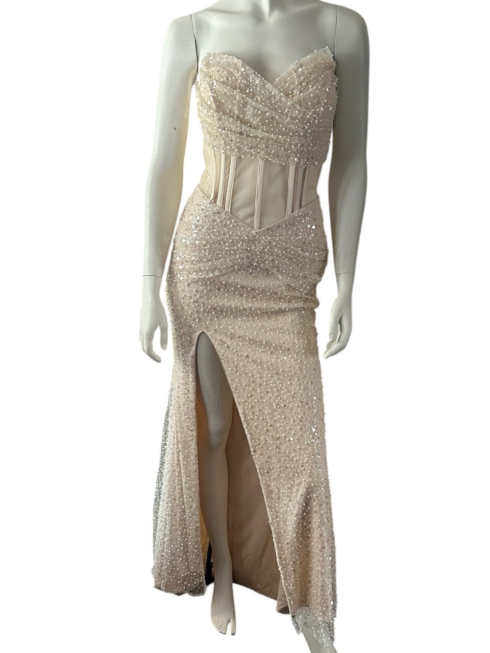Beautiful Strapless Sequined and Pearl High Front Slit Dress Cream NWOT